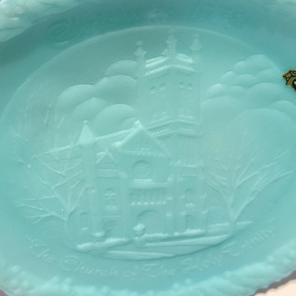 Fenton Christmas in America 1978 Blue Satin Glass Plate Church of Holy Trinity